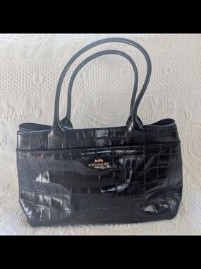 Coach Black Croc-Embossed Patent Leather Tote with Gold Logo